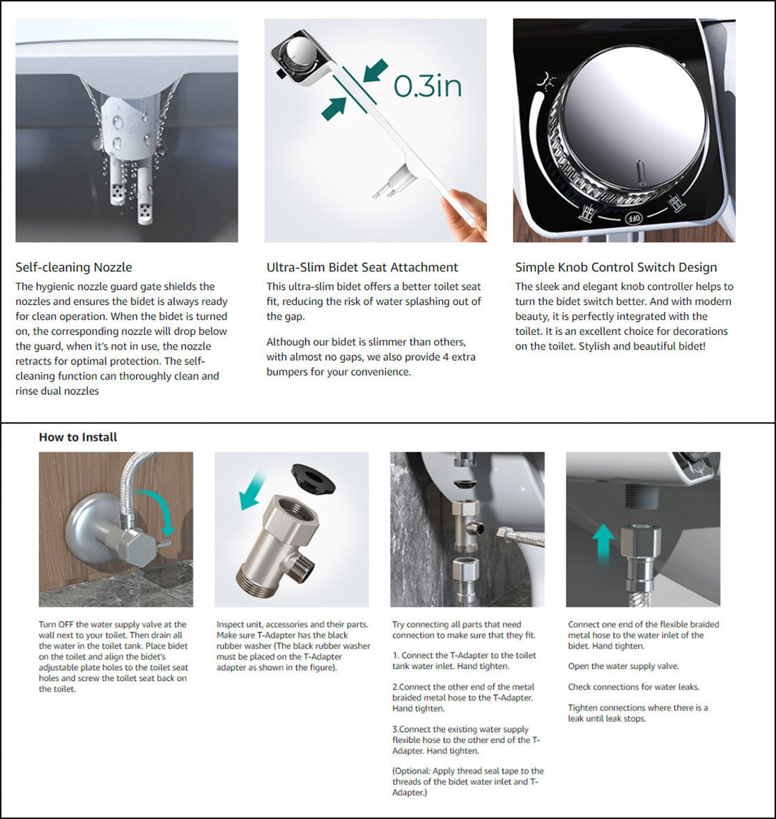 Toilet Bidet Seat Dual Nozzles Bidet Non Electric Toilet Water Sprayer Bathroom V201-HB02BL-AU-2M