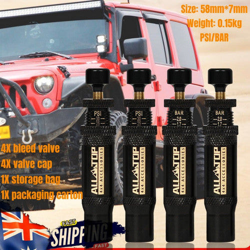 Adjustable Auto-Stop Tire Deflator Valve Kit 10-30 PSI 4PCS Screw-on for Offroad V201-HBZ1030BL8AU