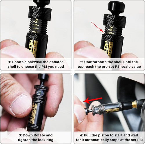 Adjustable Auto-Stop Tire Deflator Valve Kit 10-30 PSI 4PCS Screw-on for Offroad V201-HBZ1030BL8AU