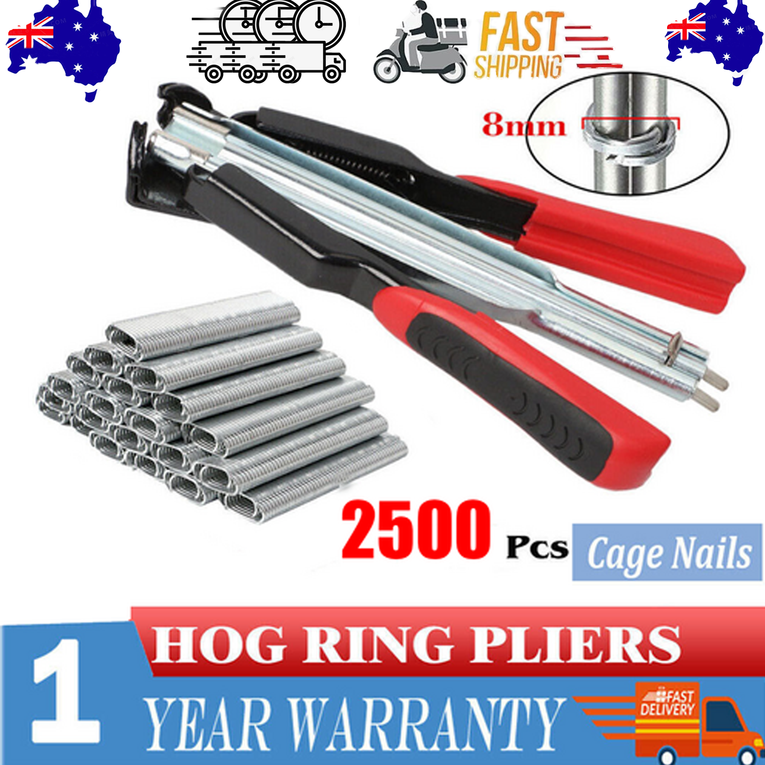 Hog Ring Gun C Clip Auto Feed Nailer Pliers+2500pcs Galvanised Steel Hogring Set V201-HBZ2500RE8AU