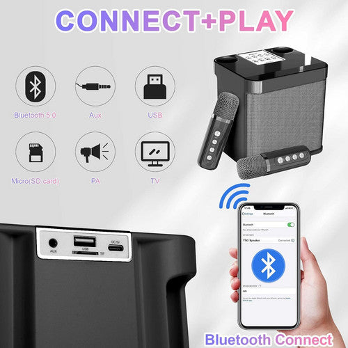 Black Karaoke Machine with 2 Wireless Microphones Bluetooth-Compatible 5.0 for Parties V201-IAA2032BL8AUA