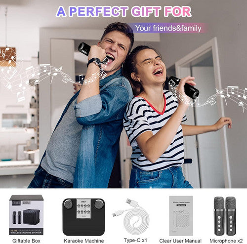 Black Karaoke Machine with 2 Wireless Microphones Bluetooth-Compatible 5.0 for Parties V201-IAA2032BL8AUA