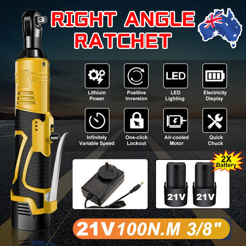 21V 3/8'' 100N.m Electric Right Angle Ratchet Wrench Charger+ 2 Battery V201-LI0090YL8AU