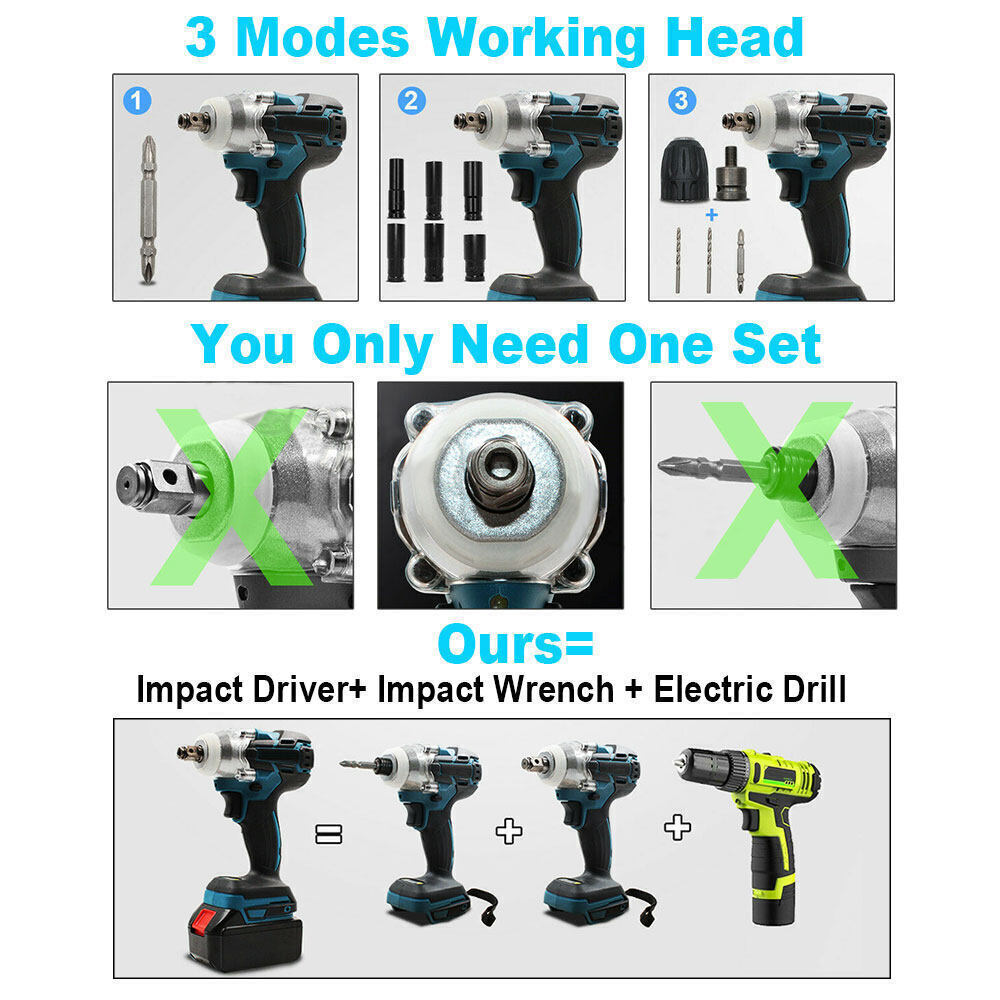 Cordless Electric Impact Wrench Brushless Rattle Gun 1/2" Driver +Large Battery V201-LI0720BU8AUUP