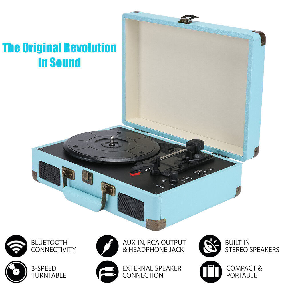 Blue Retro Briefcase Vinyl Record Player Suitcase 3 Speed Turntable Stereo Christmas V201-LPU0001BU8AU