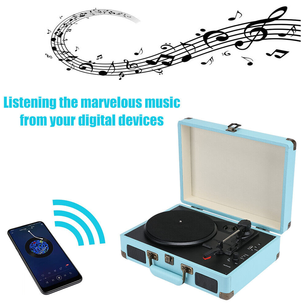 Blue Retro Briefcase Vinyl Record Player Suitcase 3 Speed Turntable Stereo Christmas V201-LPU0001BU8AU