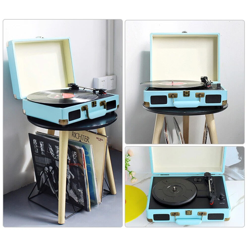 Blue Retro Briefcase Vinyl Record Player Suitcase 3 Speed Turntable Stereo Christmas V201-LPU0001BU8AU