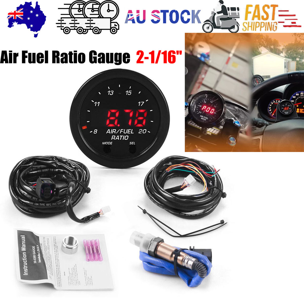 For Wideband Gauge X-Series 30-0300 AFR O2 UEGO Air Fuel Ratio Gauge 2-1/16" AU V201-PRCIAEM-0300-BLKC-AU