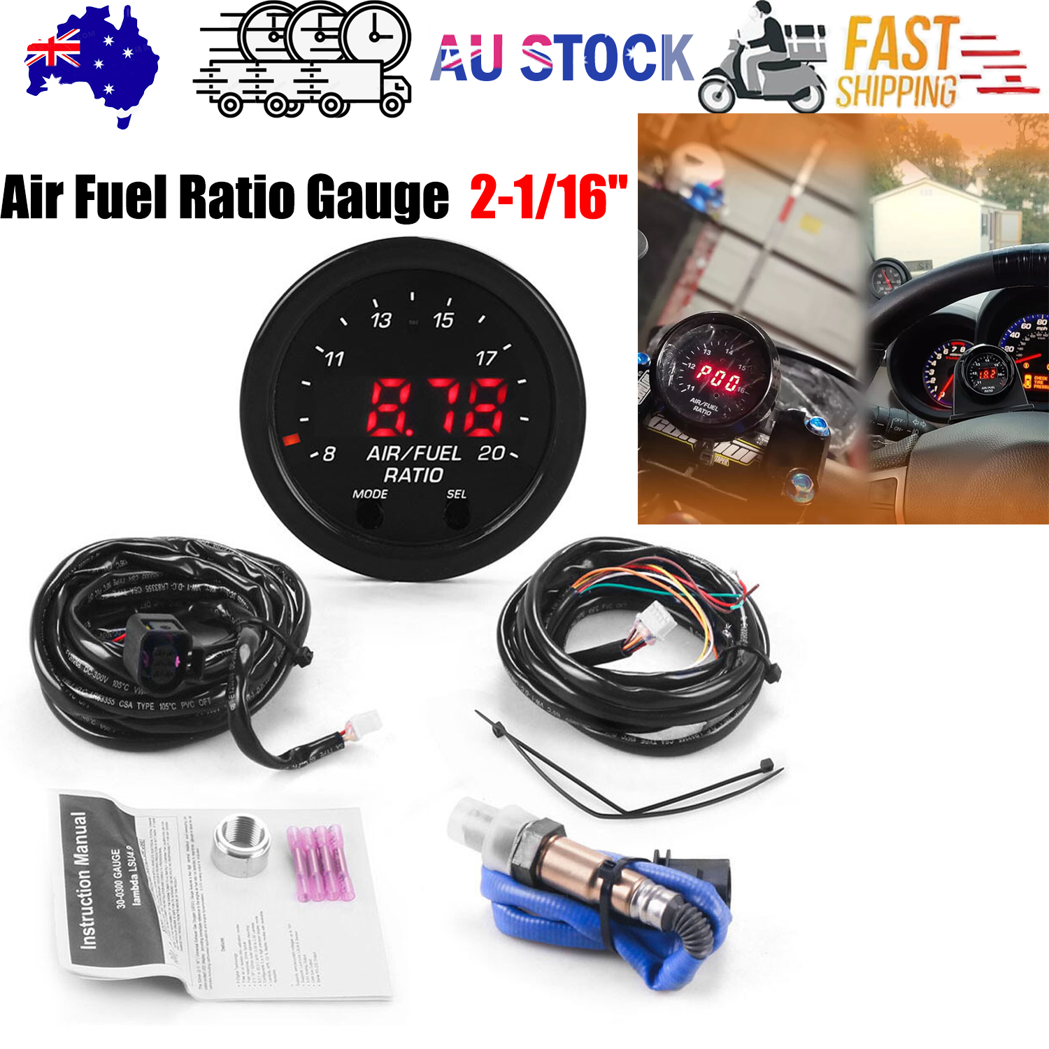 For Wideband Gauge X-Series 30-0300 AFR O2 UEGO Air Fuel Ratio Gauge 2-1/16" AU V201-PRCIAEM-0300-BLKC-AU