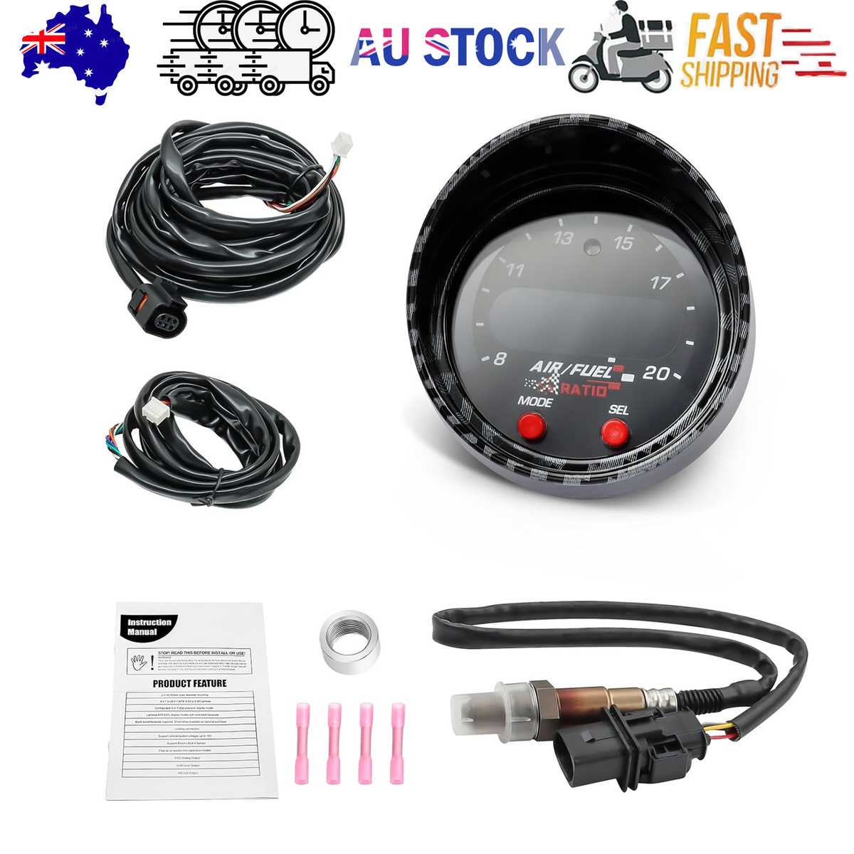 52mm AFR O2 UEGO Wideband Air Fuel Ratio Gauge Kit 30-0300 LSU 4.9 Probe Sensor V201-PRCIAFR-0300-BLKC-AU