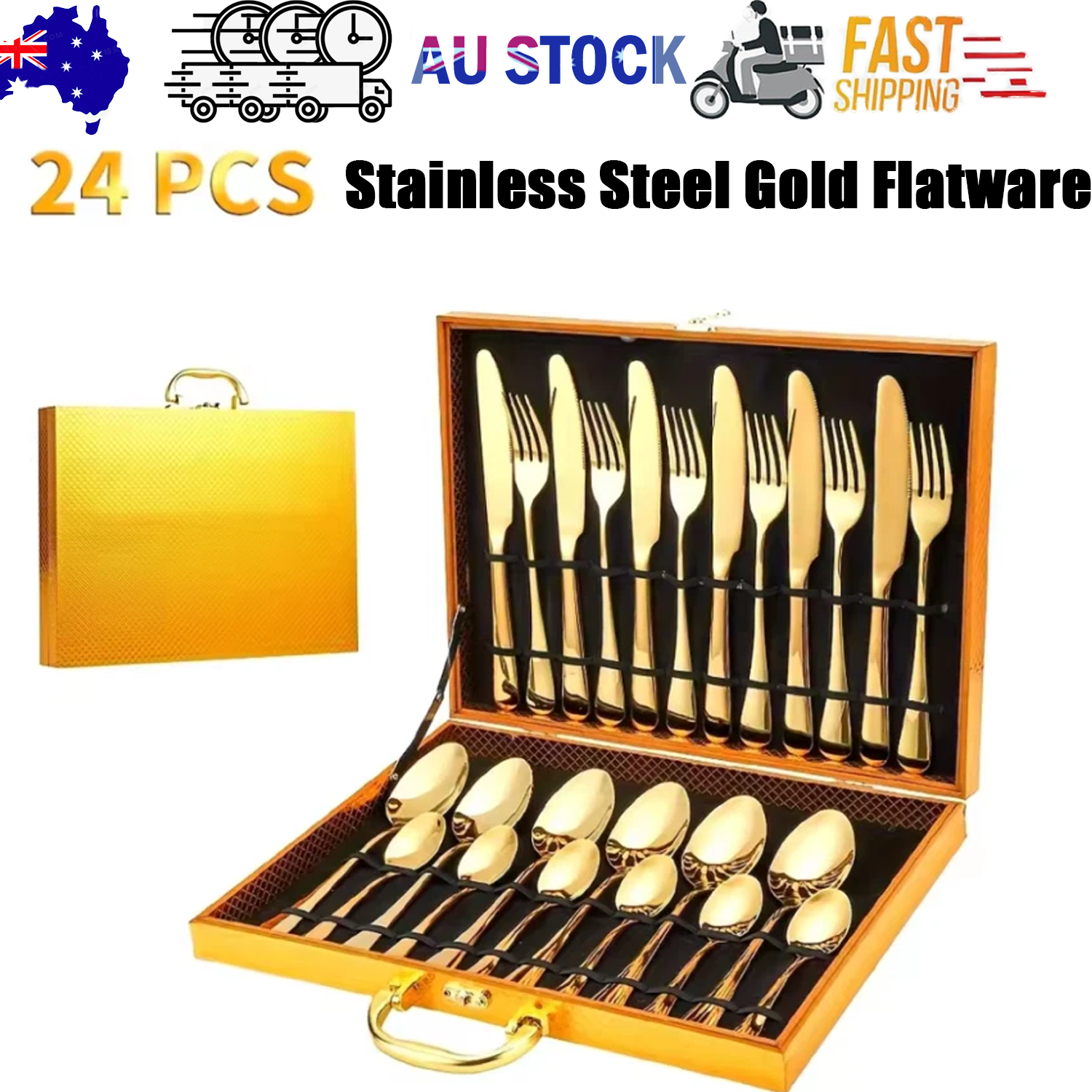 24pc Elegant Stainless Steel Gold Flatware Set Classic Knife Fork Spoon Gift Set V201-QHGMMOREONE007