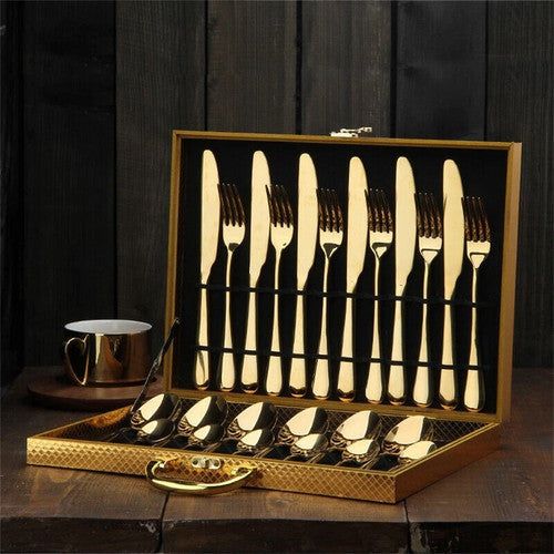 24pc Elegant Stainless Steel Gold Flatware Set Classic Knife Fork Spoon Gift Set V201-QHGMMOREONE007