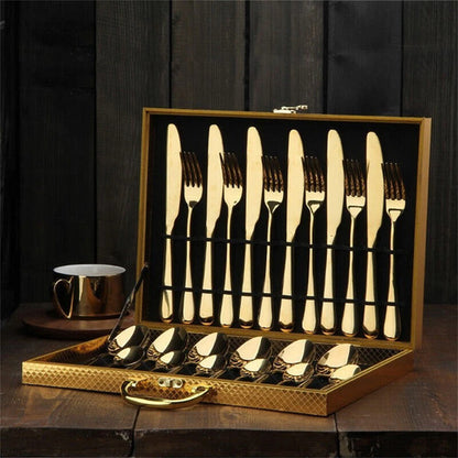 24pc Elegant Stainless Steel Gold Flatware Set Classic Knife Fork Spoon Gift Set V201-QHGMMOREONE007