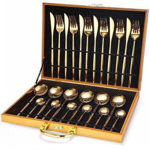 24pc Elegant Stainless Steel Gold Flatware Set Classic Knife Fork Spoon Gift Set V201-QHGMMOREONE007