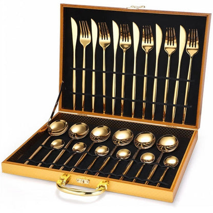 24pc Elegant Stainless Steel Gold Flatware Set Classic Knife Fork Spoon Gift Set V201-QHGMMOREONE007