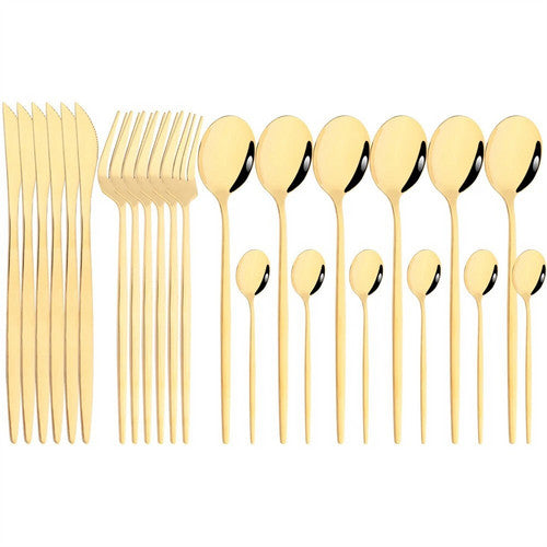24pc Elegant Stainless Steel Gold Flatware Set Classic Knife Fork Spoon Gift Set V201-QHGMMOREONE007