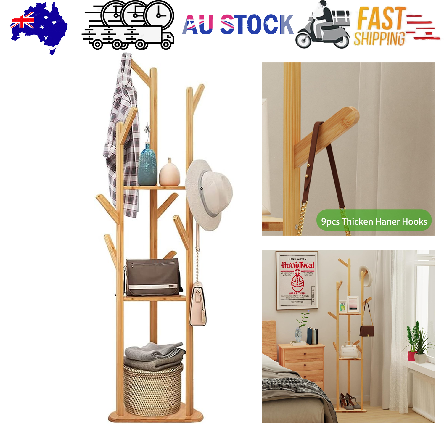 Clothes Garment Coat Rack Stand Bamboo Hanger Bag Hat Hook Holder Tree Shelf AU V201-QHGMMOREONE012