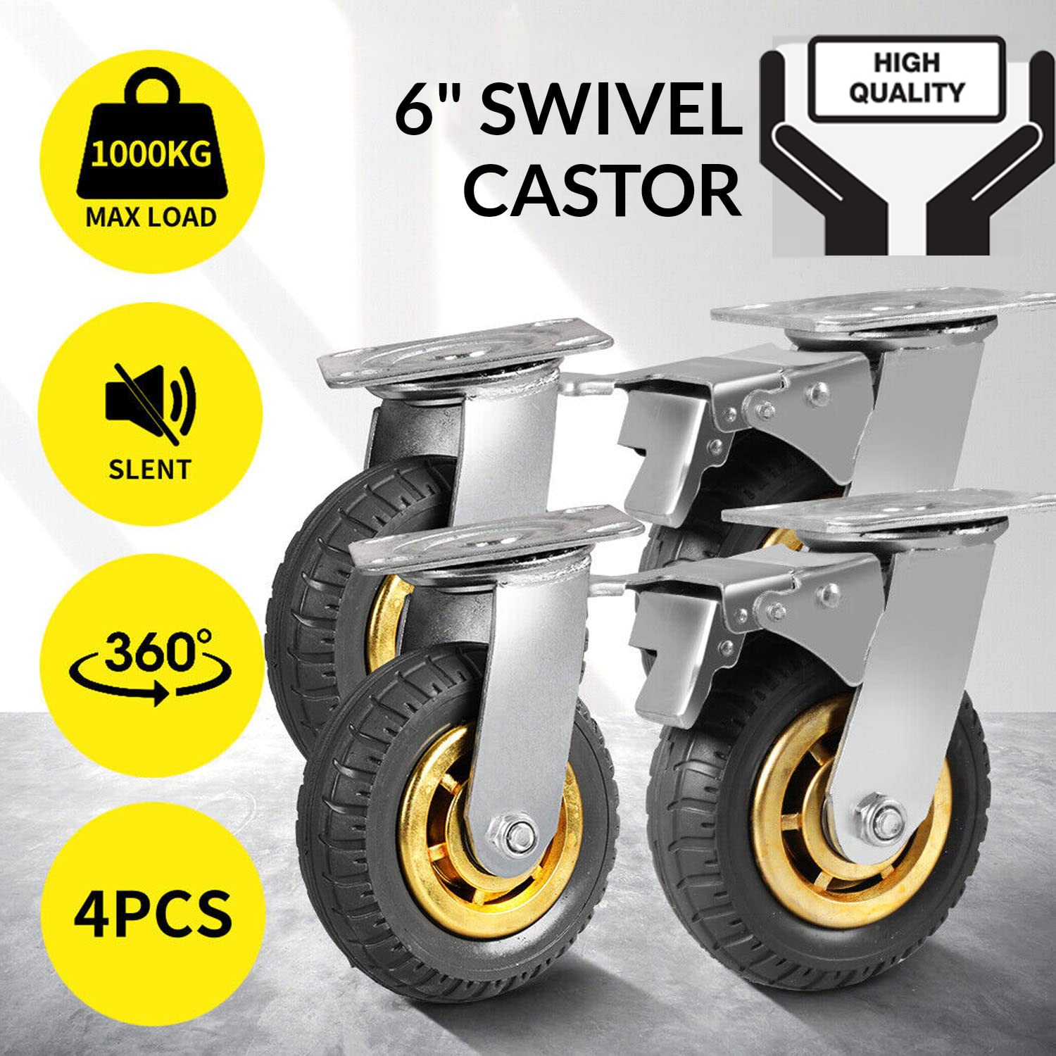 4X 6" / 150mm Heavy Duty Swivel Caster Wheels Castor 1000KG Load,2 with Brakes V201-QHGMMOREONE014