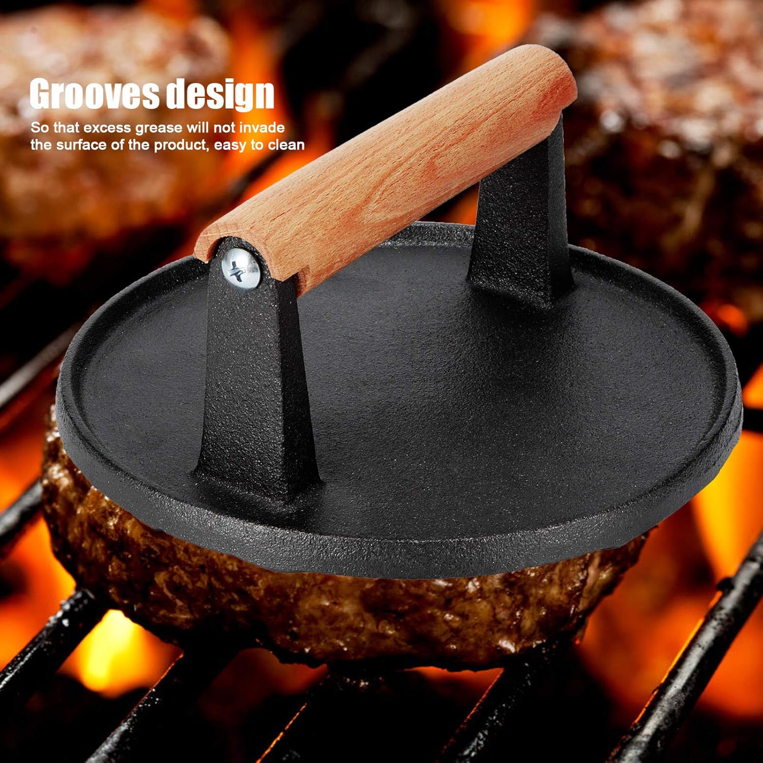 7" Heavy Duty Burger Press W/ Solid Wood Handle for Meat Smasher Hamburger Steak V201-QHGMMOREONE015
