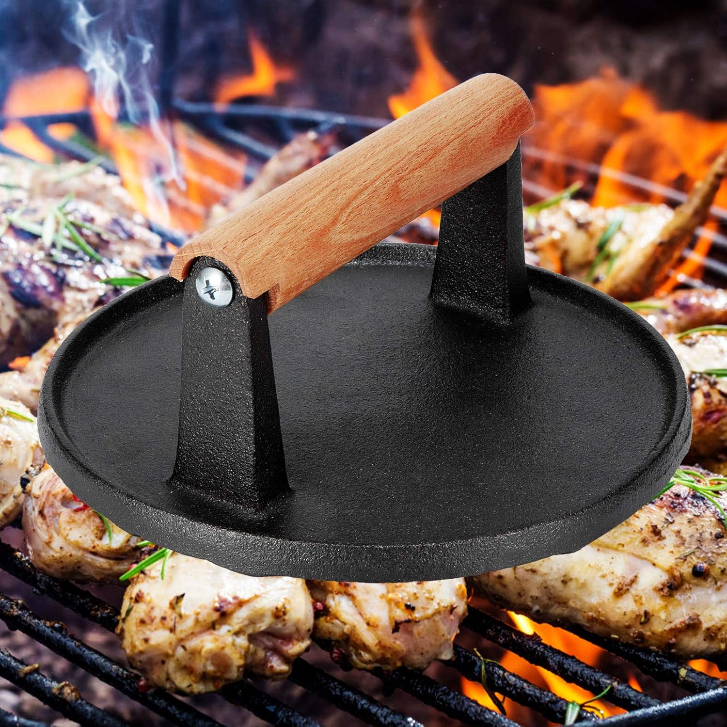 7" Heavy Duty Burger Press W/ Solid Wood Handle for Meat Smasher Hamburger Steak V201-QHGMMOREONE015