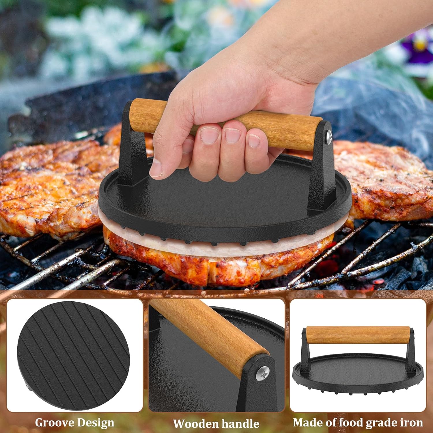 7" Heavy Duty Burger Press W/ Solid Wood Handle for Meat Smasher Hamburger Steak V201-QHGMMOREONE015