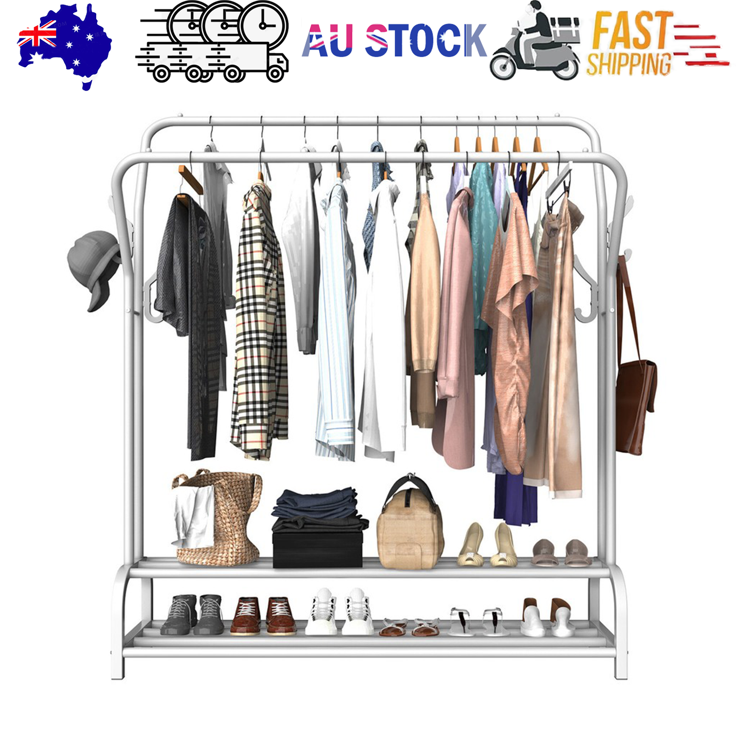 White Heavy Duty Metal Double Clothes Rail Rack Garment Hanging Shoe Storage Shelf AU V201-QHGMMOREONE030