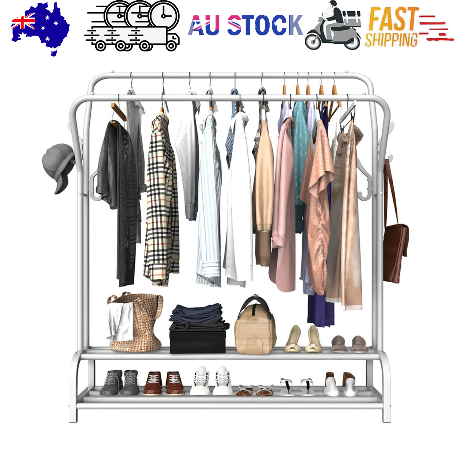 White Heavy Duty Metal Double Clothes Rail Rack Garment Hanging Shoe Storage Shelf AU V201-QHGMMOREONE030