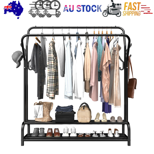 Black Heavy Duty Metal Double Clothes Rail Rack Garment Hanging Shoe Storage Shelf AU V201-QHGMMOREONE031