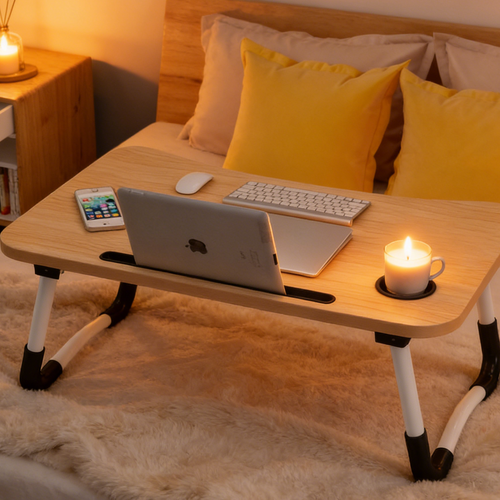 Light Wood Laptop Stand Table Foldable Desk Computer Study Bed Adjustable Cup Slot Tray V201-QHGMMOREONE037