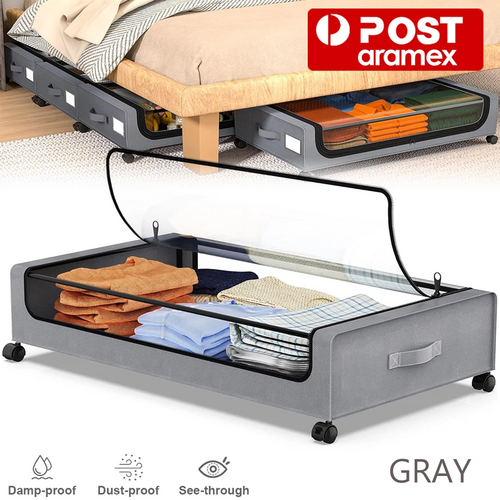 Gray Square Under-Bed Storage Rack with Wheels Sturdy Easy to Move for Bedroom AU V201-QHGMMOREONE044