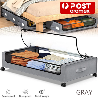 Gray Square Under-Bed Storage Rack with Wheels Sturdy Easy to Move for Bedroom AU V201-QHGMMOREONE044