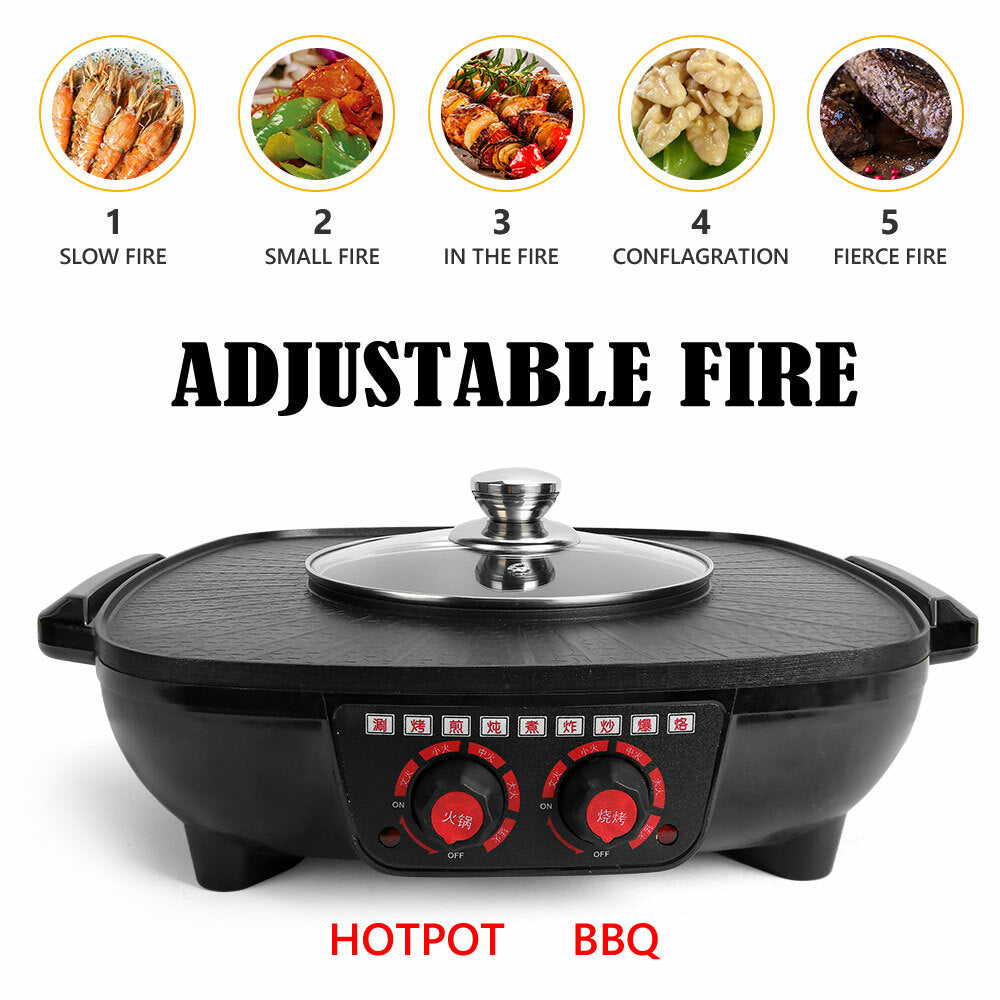 Electric 2 in 1 Hot Pot BBQ Oven Smokeless Barbecue Pan Grill Hotpot Machine V201-QUEW12466289