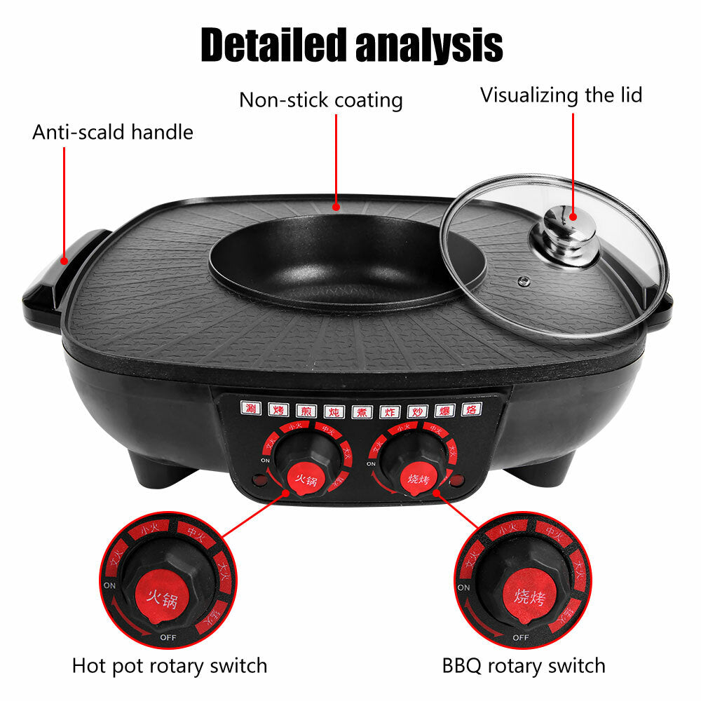Electric 2 in 1 Hot Pot BBQ Oven Smokeless Barbecue Pan Grill Hotpot Machine V201-QUEW12466289