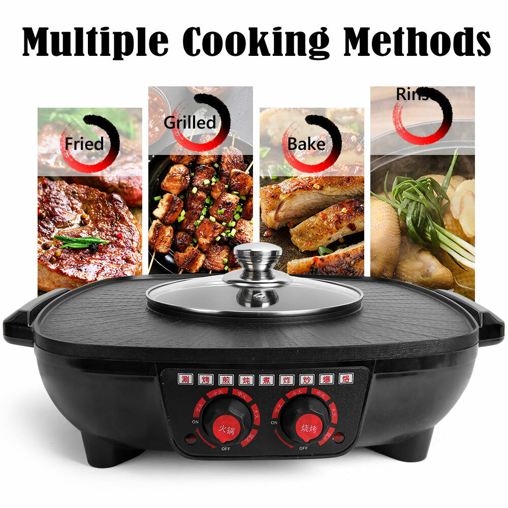 Electric 2 in 1 Hot Pot BBQ Oven Smokeless Barbecue Pan Grill Hotpot Machine V201-QUEW12466289