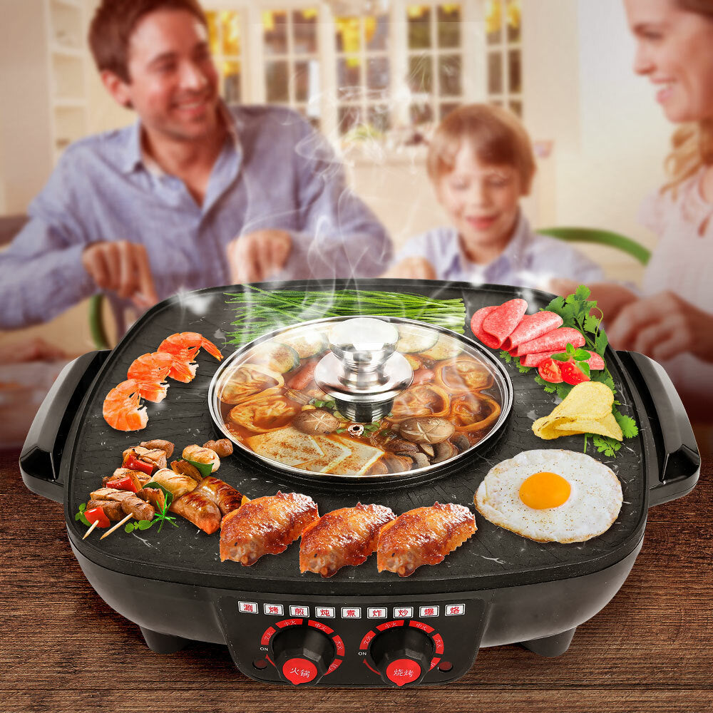 Electric 2 in 1 Hot Pot BBQ Oven Smokeless Barbecue Pan Grill Hotpot Machine V201-QUEW12466289