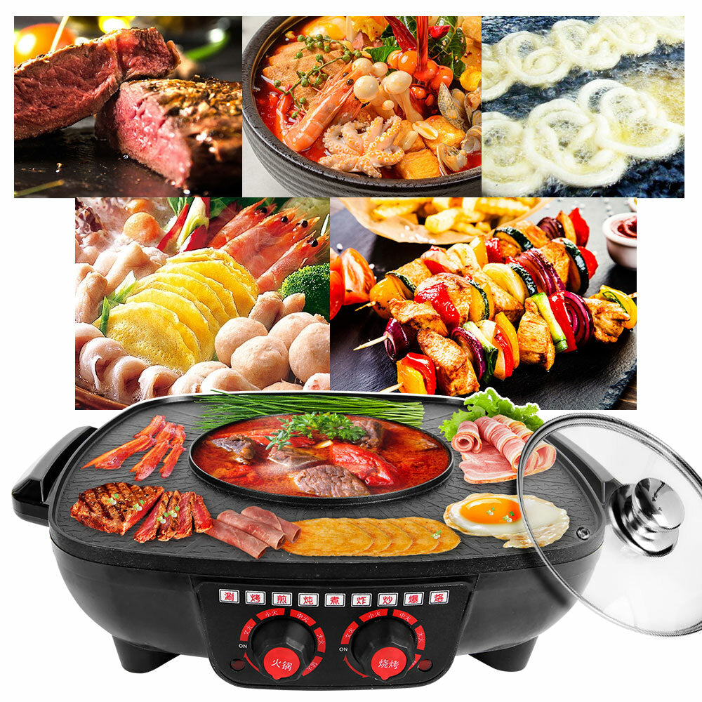 Electric 2 in 1 Hot Pot BBQ Oven Smokeless Barbecue Pan Grill Hotpot Machine V201-QUEW12466289