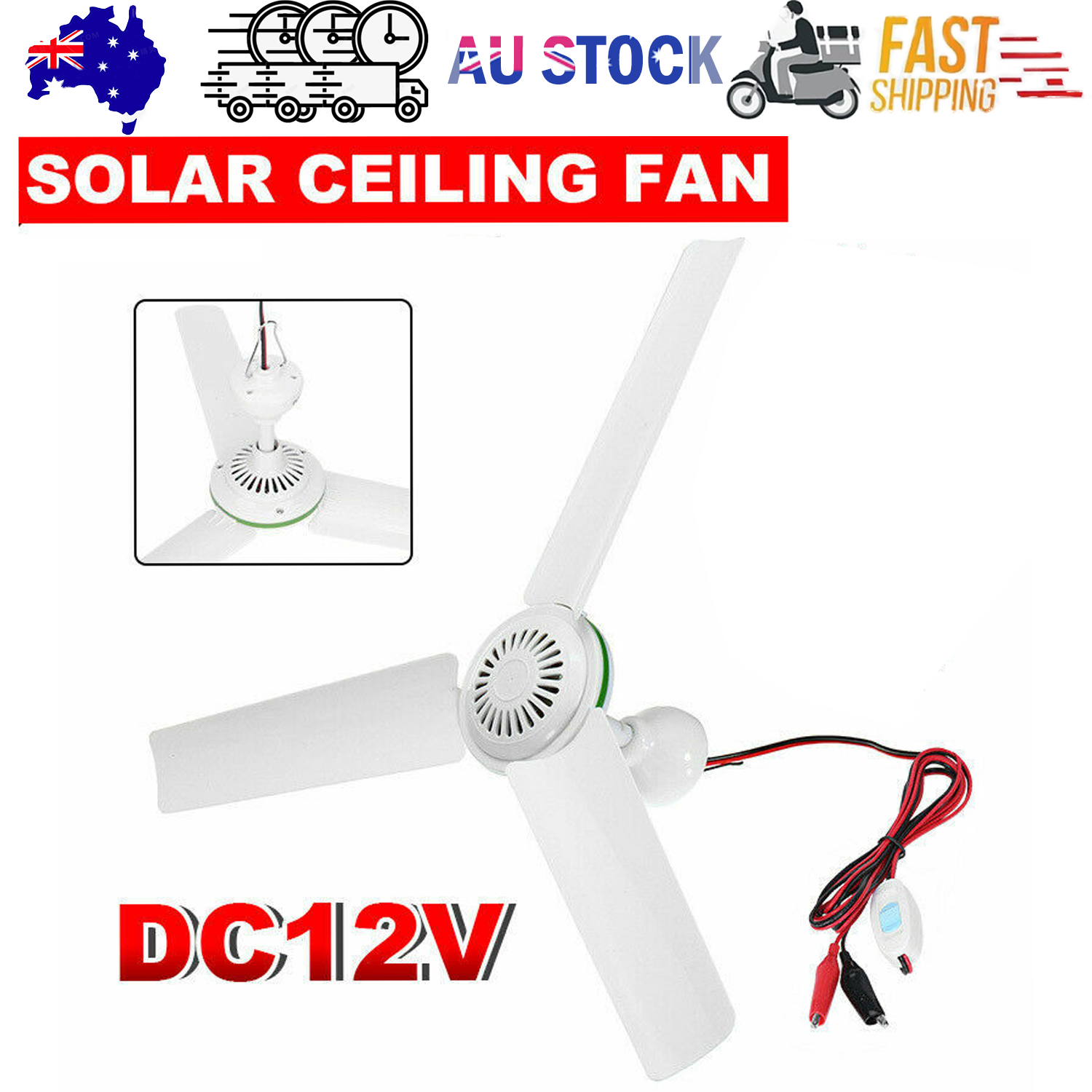 12V Ceiling Fan Portable Solar Power 3 Blade 0.7AMP Caravan Camping Outdoor V201-QUEW12466417