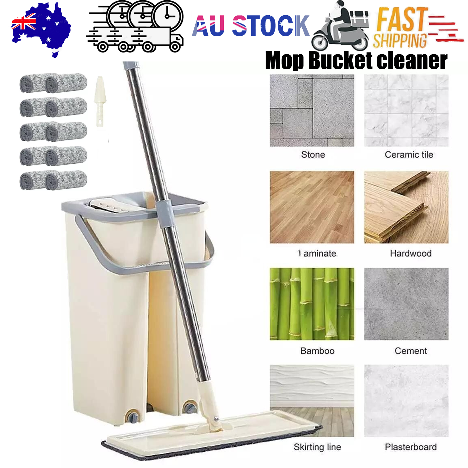 Mop Bucket Wet Dry Rinse Wash 360 Rotating Squeeze Flat Floor Cleaner with Pads V201-QUEW12614995