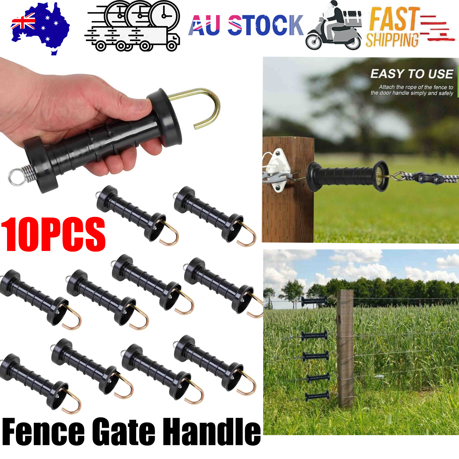 10x Electric Fence Gate Handle Compact Insulated Spring Handles with Hook Black V201-QUEW13221661