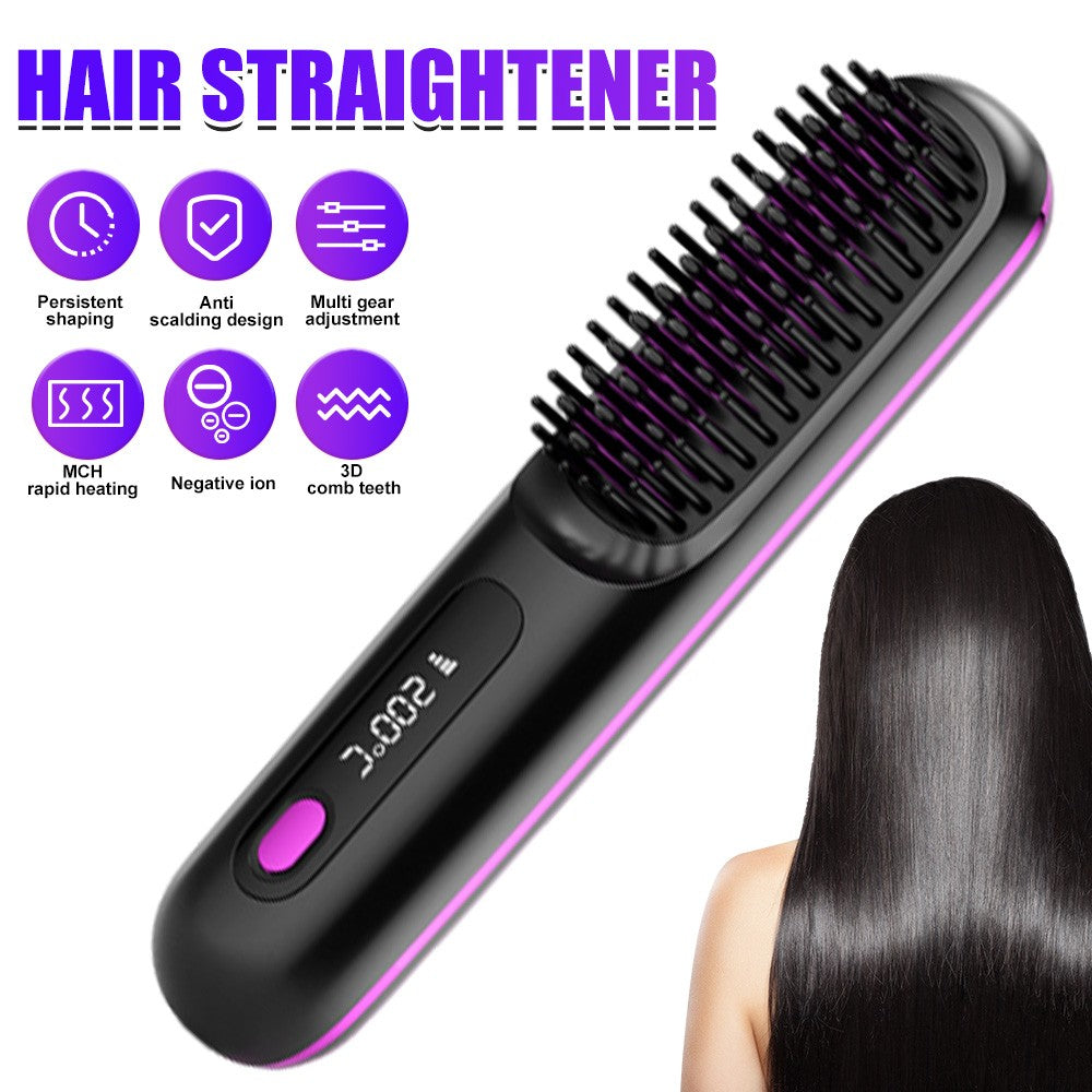 Black Hair Straightener Brush Travel Mini Rechargeable Hair Styler Fast Heating V201-QUEW13654141
