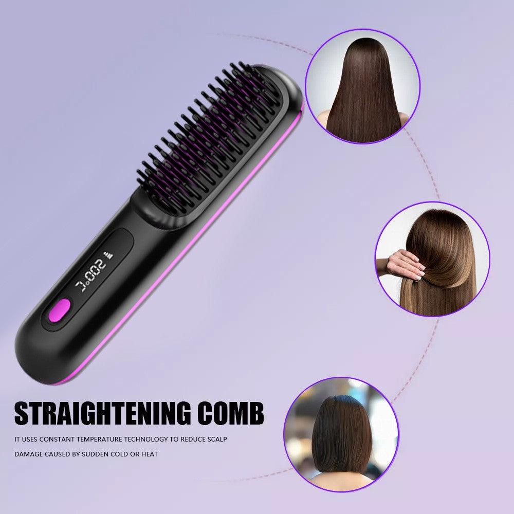Black Hair Straightener Brush Travel Mini Rechargeable Hair Styler Fast Heating V201-QUEW13654141