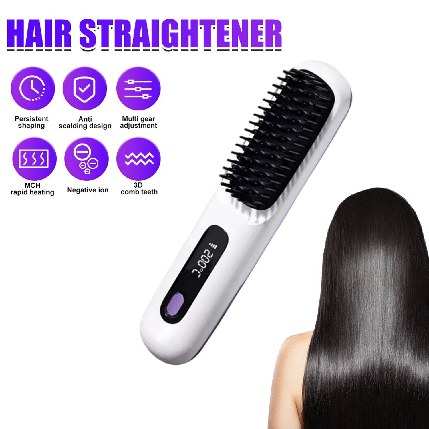 White Hair Straightener Brush Travel Mini Rechargeable Hair Styler Fast Heating V201-QUEW13654142