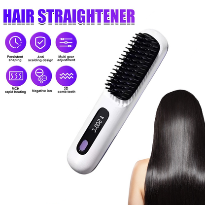 White Hair Straightener Brush Travel Mini Rechargeable Hair Styler Fast Heating V201-QUEW13654142