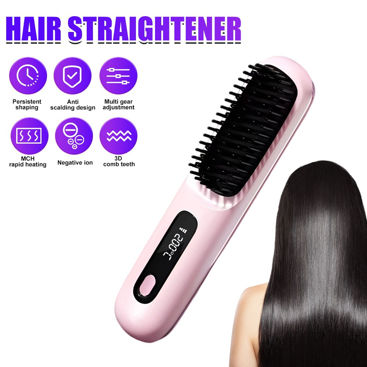 Pink Hair Straightener Brush Travel Mini Rechargeable Hair Styler Fast Heating V201-QUEW13654143
