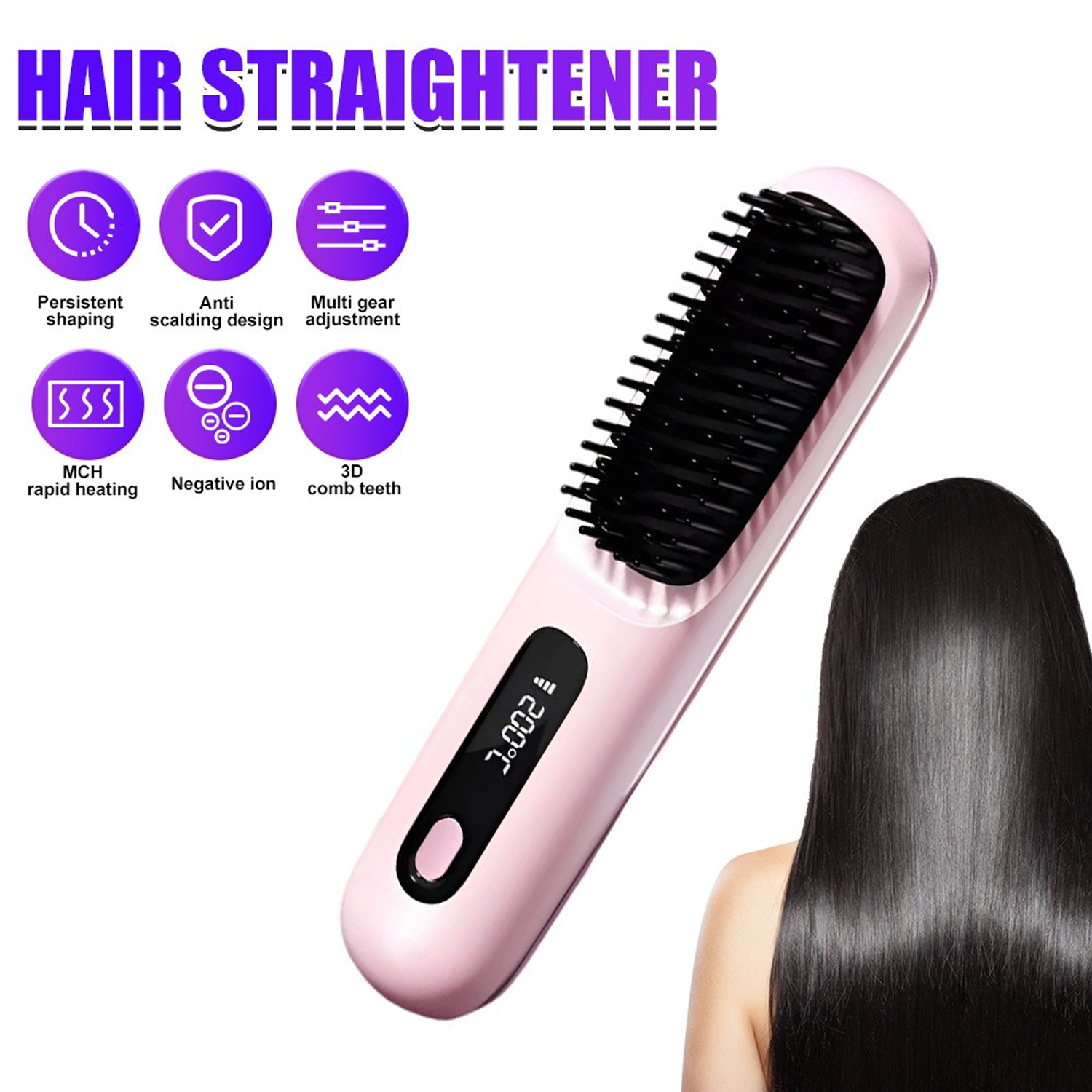 Pink Hair Straightener Brush Travel Mini Rechargeable Hair Styler Fast Heating V201-QUEW13654143