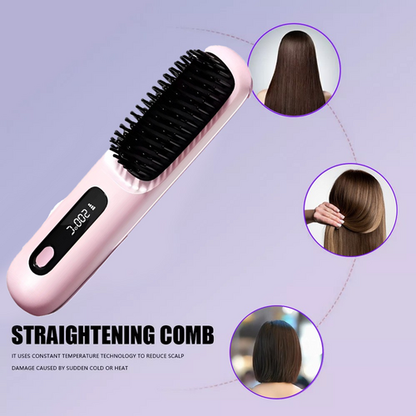 Pink Hair Straightener Brush Travel Mini Rechargeable Hair Styler Fast Heating V201-QUEW13654143