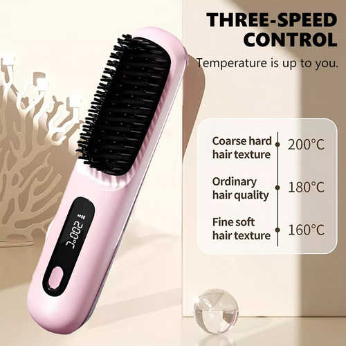 Pink Hair Straightener Brush Travel Mini Rechargeable Hair Styler Fast Heating V201-QUEW13654143
