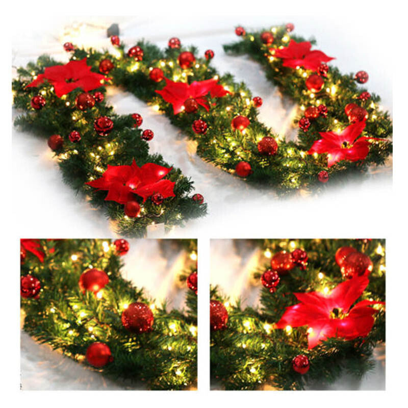 RED 9FT Xmas Christmas Garland Artificial Wreath with LED Lights Stairs Home Rattan V201-QUEW13865265