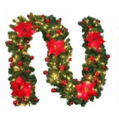 RED 9FT Xmas Christmas Garland Artificial Wreath with LED Lights Stairs Home Rattan V201-QUEW13865265