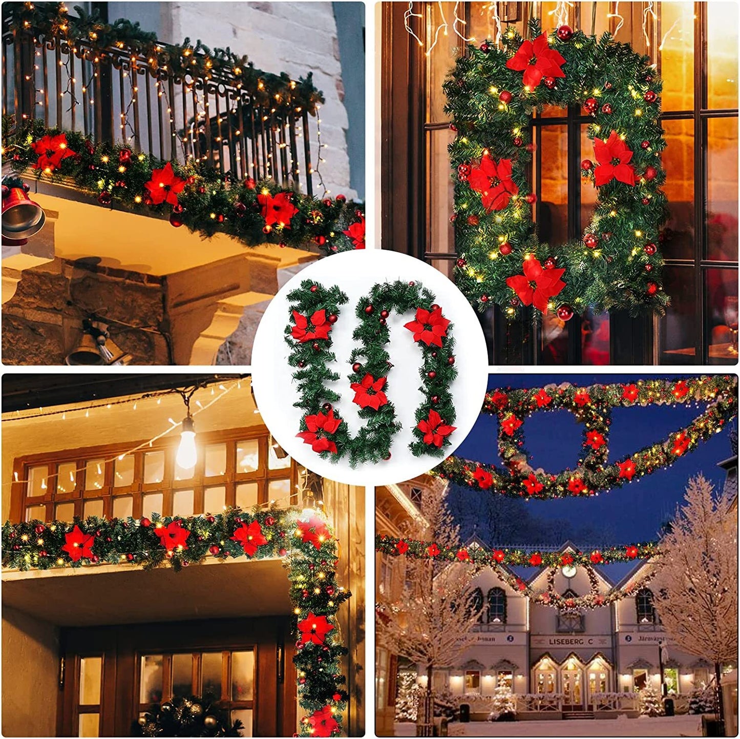 RED 9FT Xmas Christmas Garland Artificial Wreath with LED Lights Stairs Home Rattan V201-QUEW13865265